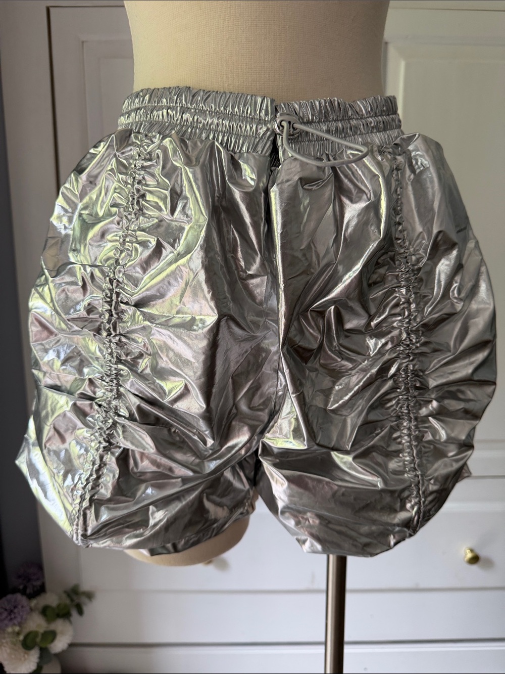 Metallic Silver Athletic Shorts with Ruched Side Detail